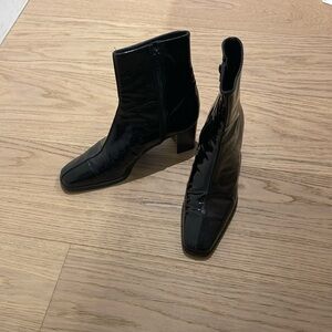 Stuart Weitzman black square toe black patent leather ankle boot size 6